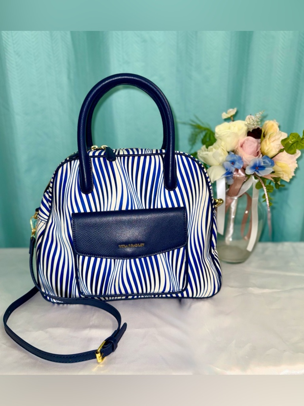 Vera Bradley Streeterville Wavy Stripe Bowler Satchel navy white leather trim.
